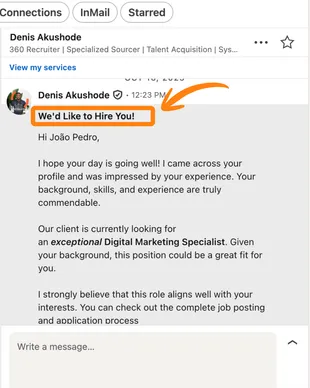 Mensagem de recrutador internacional 1 entrando em contato pelo LinkedIn