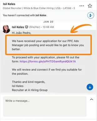 Mensagem de recrutador internacional 3 entrando em contato pelo LinkedIn