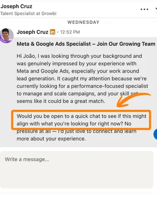 Mensagem de recrutador internacional 5 entrando em contato pelo LinkedIn