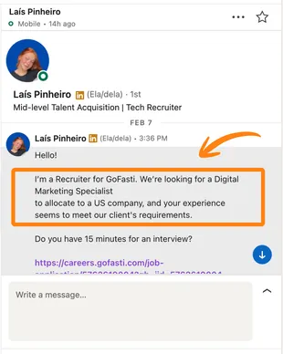 Mensagem de recrutador internacional 6 entrando em contato pelo LinkedIn