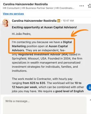 Mensagem de recrutador internacional 7 entrando em contato pelo LinkedIn