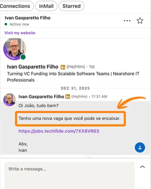 Mensagem de recrutador internacional 8 entrando em contato pelo LinkedIn